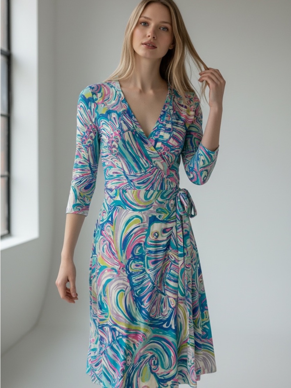 Lilly Pulitzer Teal Pink Multi-Color Wrap Dress